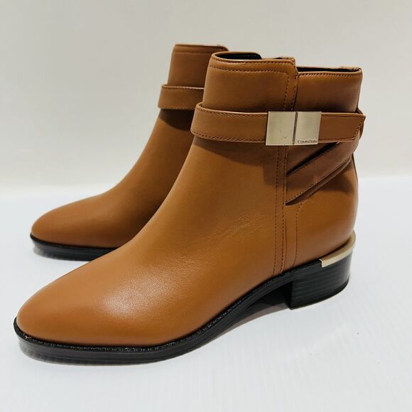 Calvin Klein Dwayne Women's US 7M Bootie Brown Leather Ankle Zip Block Heel NWOB - Picture 4 of 13